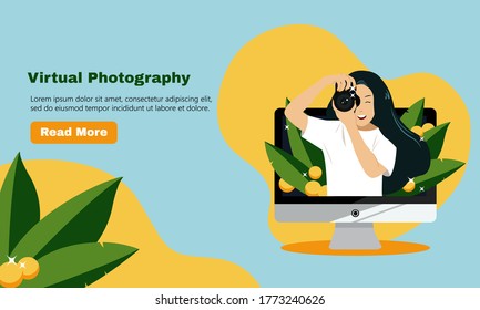 New normal virtual photographic in covid-19 pandemic era. Female photographer with tropical leaves decoration theme. Website landing page template design flat style. 