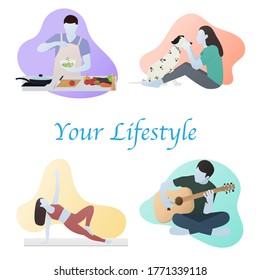 In a new normal way of life On holidays, people spend their free time cooking in the kitchen, playing with dogs, exercising, yoga, playing guitar.