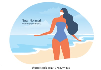 New normal wearing face mask, bikini woman wearing face mask on the beach background vector illustration.   Covid-19 prevention face mask concept