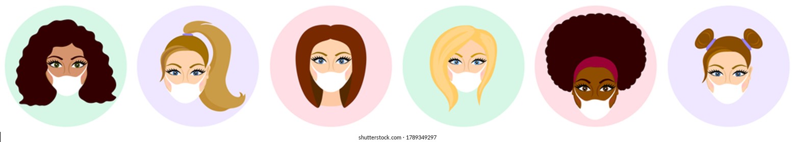 New normal wearing mask icons set. Women wearing masks. Racial diversity