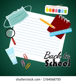 New normal and Welcome back to school concept. Lettering text with school supplies, face mask and hand sanitiser on white background. Flat vector illustration. 