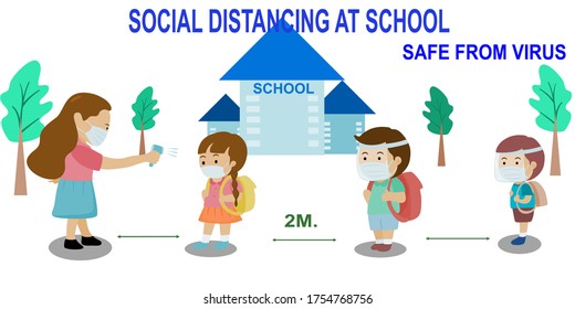 New Normal When Students Back To School Teacher Check Temperature Wearing Mask, Face Shield And Keep Social Distancing For Safe From Coronavirus. Vector Illustration 