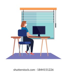 New normal of woman with mask at desk in front of window design of covid 19 virus and prevention theme Vector illustration