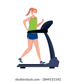 New normal of woman with mask running on treadmill design of covid 19 virus and prevention theme Vector illustration