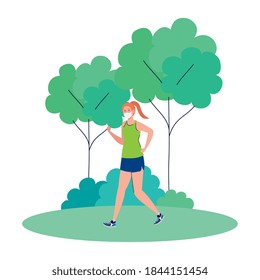 New normal of woman with mask running at park design of covid 19 virus and prevention theme Vector illustration