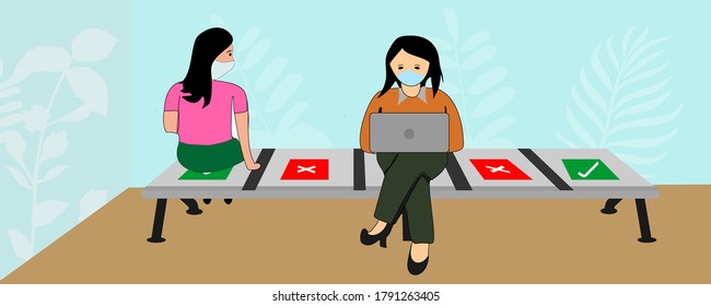 New normal, women sit on chairs keeping a distance following health protocols to break the chain of the spread of the corona virus. Vector illustration