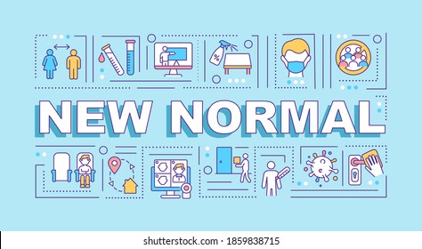 New normal word concepts banner. Social distancing. Coronavirus crisis. Infographics with linear icons on blue background. Isolated typography. Vector outline RGB color illustration