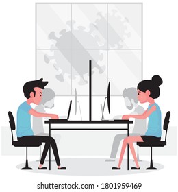 New normal at work feature people sit and work on computer while have a partition place between them