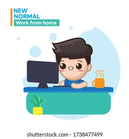 nuevo trabajo normal en casa. ilustración de concepto. hombre trabajando en laptops y computadoras en casa. Trabajar en casa en cuarentena. Ilustración de estilo lindo vectorial
