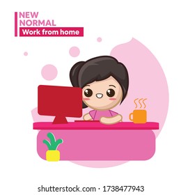 new normal working at home. concept illustration. woman working on laptops and computers at home. Working at home in quarantine. Vector cute style illustration