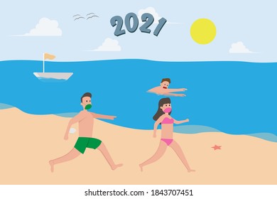 New normal in new year vector concept: Young couple running on the seashore together while wearing protective mask with number 2021