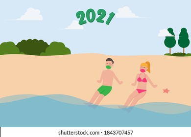 New normal in new year vector concept: Young couple enjoying leisure time on the seashore while wearing facemask with number 2021