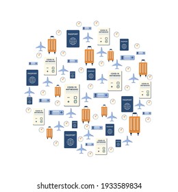New normalcy. Travel to the pandemic. Vaccination passport. Covid-19 vaccination requirement. Background on a white background in a circle with place for text. Vector illustration