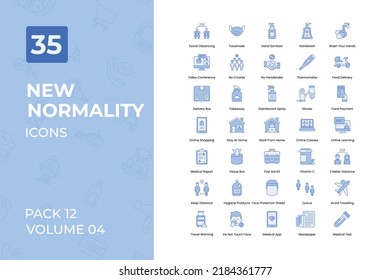 New Normality Icons Collection. Set contains such Icons as Social Distancing, Hand Sanitizer, No Handshake, No Crowds, and more.