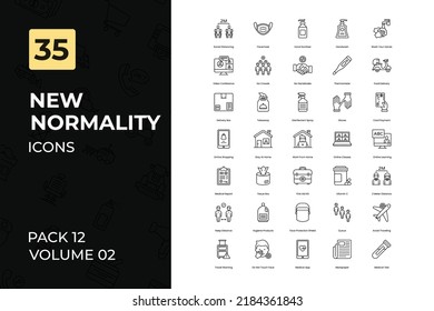 New Normality Icons Collection. Set contains such Icons as Social Distancing, Hand Sanitizer, No Handshake, No Crowds, and more.