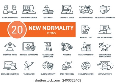 New Normality thin line icon set. Social Distancing, Video Conference, Take Away, Online Classes, Avoid Traveling, Face Protection Mask, Medical Test, Online Shopping, Distance Work, Medical