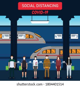 New normal,social distancing concept. Physical distancing when using transportation.Keep distance in public society people to protect from coronavirus or COVID-19. Vector illustration.flat design