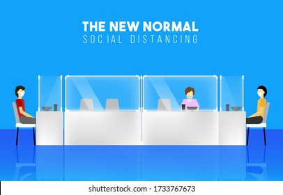 The New Norms and New normal  Social distancing measures with plastic dividers on the tables in restaurant Cafe Lifestyle After COVID-19  On Background Vector illustration