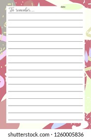 New note page for diary. Planner for girls.