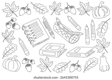 Novo caderno, canetas, lápis com colheita de outono (folhas, pequenas abóboras, bolotas). Design plano, cores brilhantes, isolado em fundo claro. Vetor para voltar à escola.