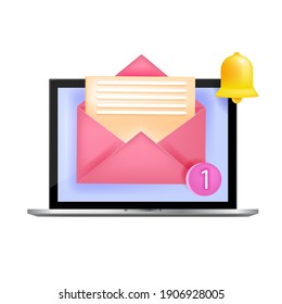 New notification, message alert, email notice 3D vector icon, logo, illustration isolated on white. Social web media illustration with laptop, envelope, yellow bell. Internet notification push symbol