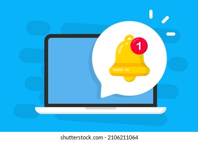 New notification on laptop screen. Unread notification message bubble. Laptop with notification bell. Alert message. Virus problem, danger error alerts, insecure messaging spam problems notifications