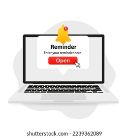 A new notification on the laptop screen. Unread notification popup. Laptop with notification bell. Warning message. Report spam problems. Vector illustration
