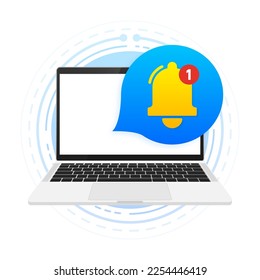 New Notification on laptop screen. Laptop with notification bell. Unread Notification Message bubble. Messaging spam, problems notifications. Vector illustration.