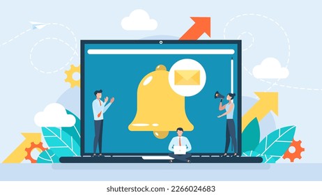 New notification on laptop screen. Tiny people get chat messages notification on smartphone and laptop. Ring bell as reminder pop up. Alert message. Messages for incoming inbox. Vector illustration