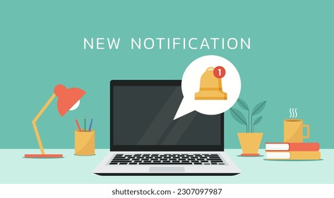A new notification on the laptop screen, bubble popup with bell, flat vector illustration