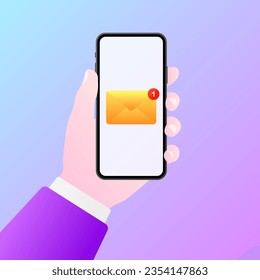 Nueva notificación por teléfono. Plano, color, sobre en la pantalla, teléfono en mano. Ilustración del vector
