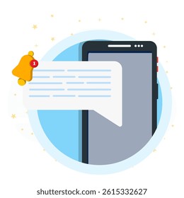 New notification on smartphone device screen. Notification messages, incoming message reminders, notifications on the device. For landing pages, blank status UI, infographics. 
