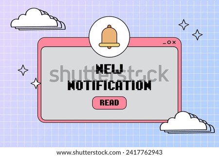 New notification popup window. Bell icon. Retro computer aesthetic. Computer screen 90s, 2000s vector illustration.