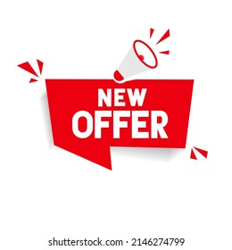 Nuevo cartel de oferta con megáfono. Ilustración vectorial plana.