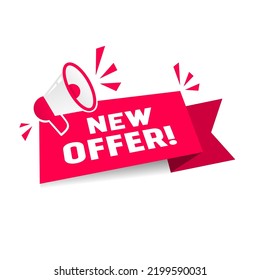 New offer banner - ribbon design megaphone icon. Modern style vector.
