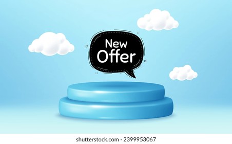 Neues Angebot Blase Banner. Sieger Podium 3d Base. Das Produkt bietet Fußbodenbeläge. Ankunft schwarzer Aufkleber. Bieten Sie das Label-Symbol an. Werbebotschaft für neue Angebote. Hintergrund mit 3D-Wolken. Vektorgrafik