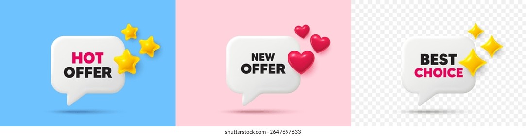 Novo balão de fala de bate-papo de oferta. Estrelas 3d, brilhos, corações, bolhas de bate-papo. Nova etiqueta de oferta. Sinal de preço especial. Símbolo de Descontos publicitários. Oferta quente, etiqueta de melhor escolha. Vetor
