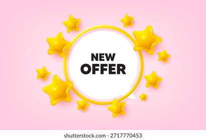 Nueva oferta de Anuncio de marco. Oferta de burbuja de discurso. Etiqueta de oferta Nueva. Señal de Precio especial. Símbolo de Descuentos publicitarios. Etiqueta de brillo de estrellas 3D. Anuncio de marco dorado. Vector