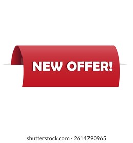 New offer label. Bold promo ribbon. Curved red banner. Vector announcement tab.