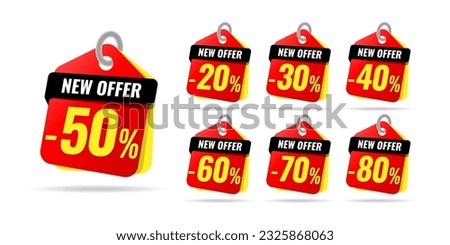 New offer label pop-up banner yellow stickers with different sale percentage. 20, 30, 40, 50, 60, 70, 80 percent off price reduction badge promotion design emblem set vector illustration.