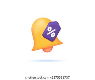 new offer notifications. shopping promotions or discounts. notification about coupons or discount vouchers. 3d illustration of bell and percent symbol. symbol or icon. minimalist 3d concept design.