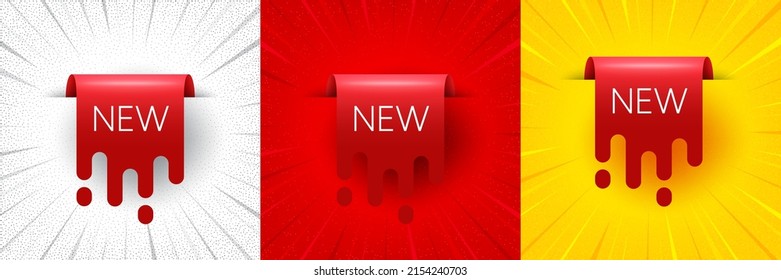 New offer ribbon banner. Flash offer banner, coupon or poster. Arrival red transition label. New offer flow tag icon. New ribbon promo banner. Retail marketing flyer. Starburst pop art. Vector