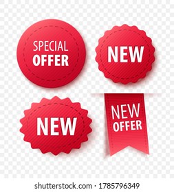New Offer Sale Tag. Red ribbon Banner isolated on white background. Vector label or badge