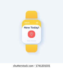 New offer smartwatch interface vector template. Mobile app notification night mode design. Reminder message screen. Flat UI for application. GPS pointer. Daily suggestion. Smart watch display