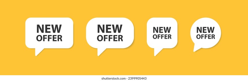 Nueva burbuja de discurso de oferta. Mensaje de publicidad. Venta de promoción. Comentar. Afiche importante en la tienda. etiqueta de marketing. El producto más nuevo. Ilustración vectorial.