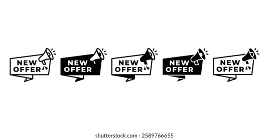 new offer speech bubble banner with megaphone icon vector design simple black white color illustration templates sets