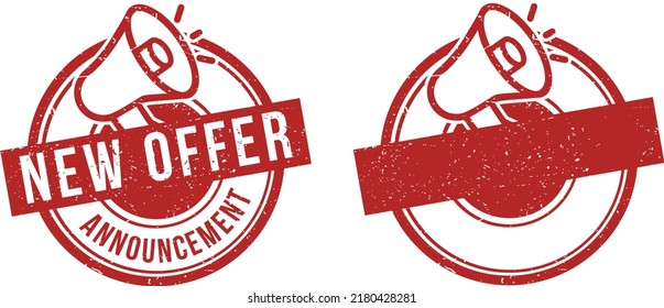 New Offer stamp with Megaphone. New Offer Announcement sign. Round grunge badge.