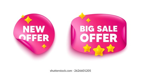 New offer sticker tag. Big offer paper price banner. New offer tag. Special price sign. Advertising Discounts symbol. Discount sticker with 3d stars. Vector