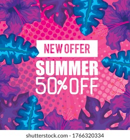 new offer summer fifty percent off, banner with branches and tropical leaves, exotic floral banner vector illustration design