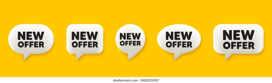 Nueva etiqueta de oferta. Se establecen burbujas de discurso de chat en 3d. Señal de precio especial. Símbolo de descuentos publicitarios. Nuevo mensaje de voz de oferta de charla. infografía de la caja de llamadas. Vector